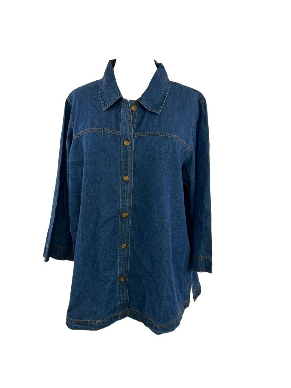 Vtg 90s Serengeti Catalog Sz 1X Blue Chambray Denim Top Button Front 3/4 Sleeves